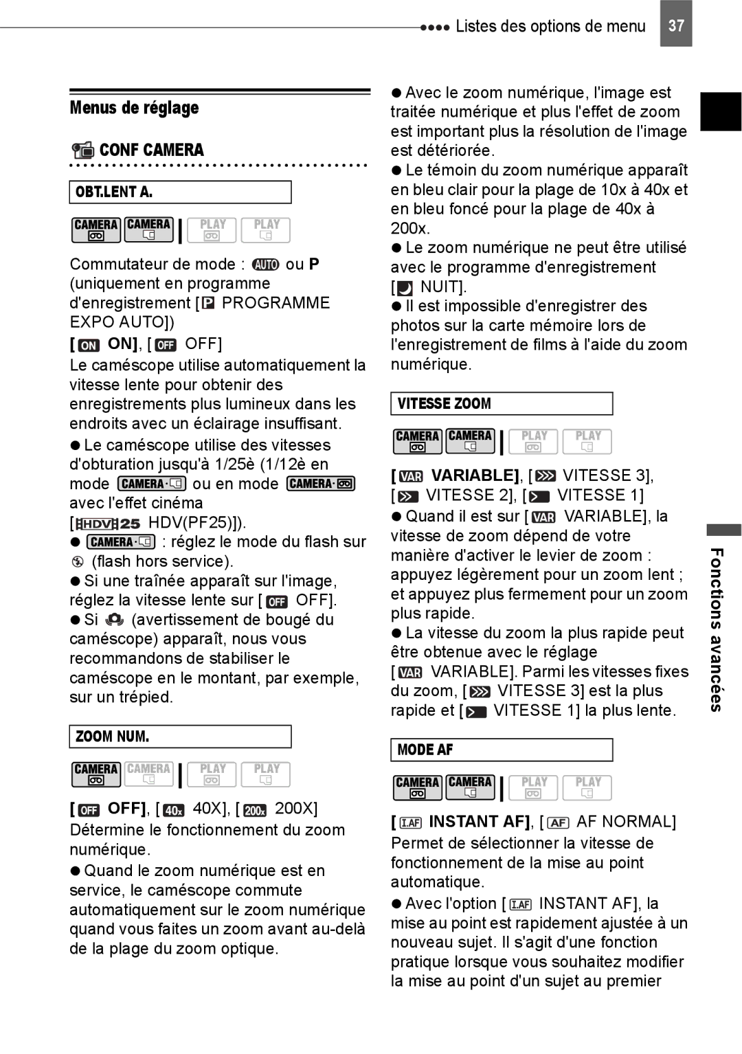 Canon HV40 manual Menus de réglage, Conf Camera, VARIABLE, Vitesse 3, Vitesse 2, Vitesse, Instant AF, AF Normal 