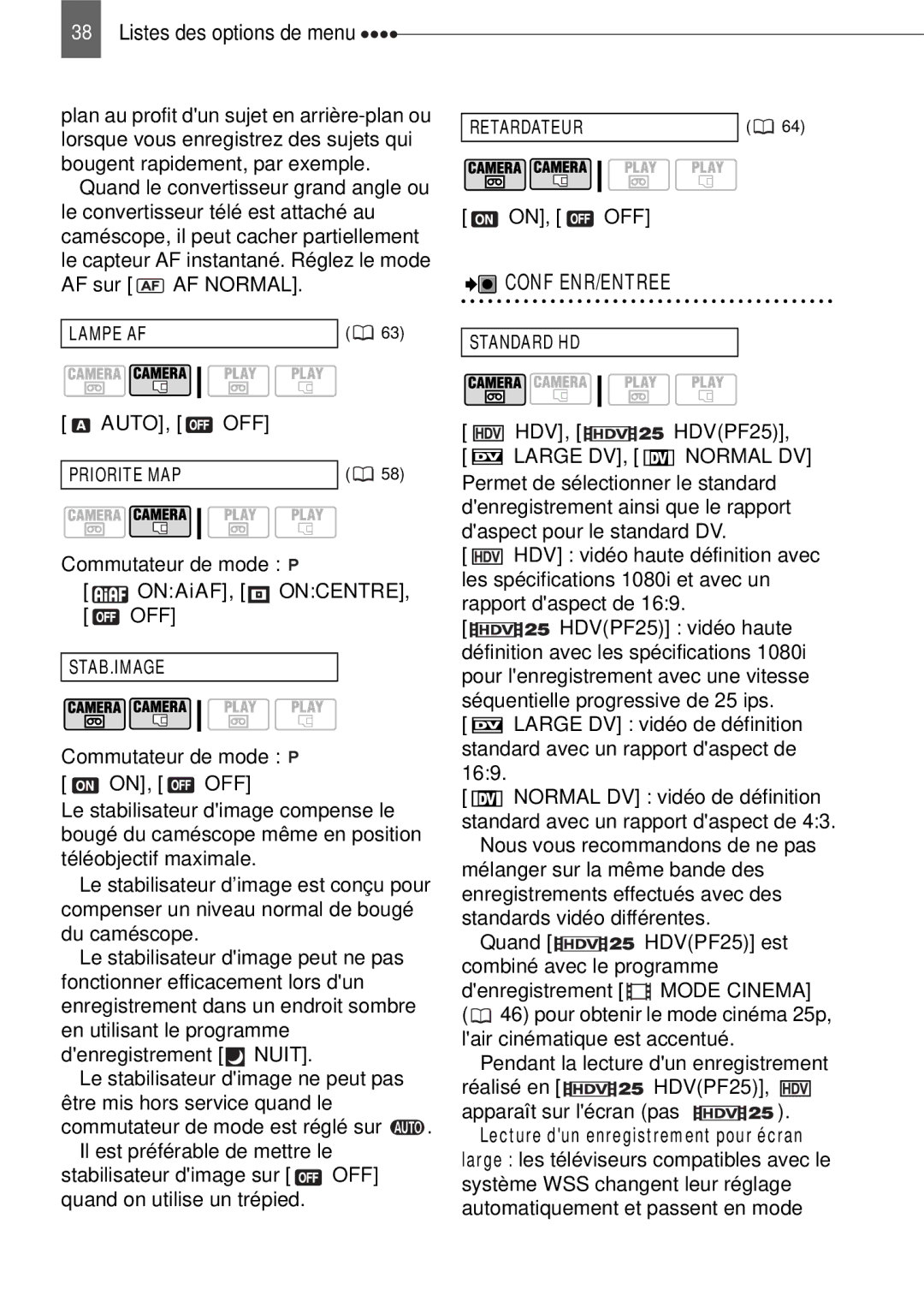Canon HV40 manual Conf ENR/ENTREE, Auto, Off, Commutateur de mode ONAiAF, Oncentre OFF, Hdv, Large DV Normal DV 