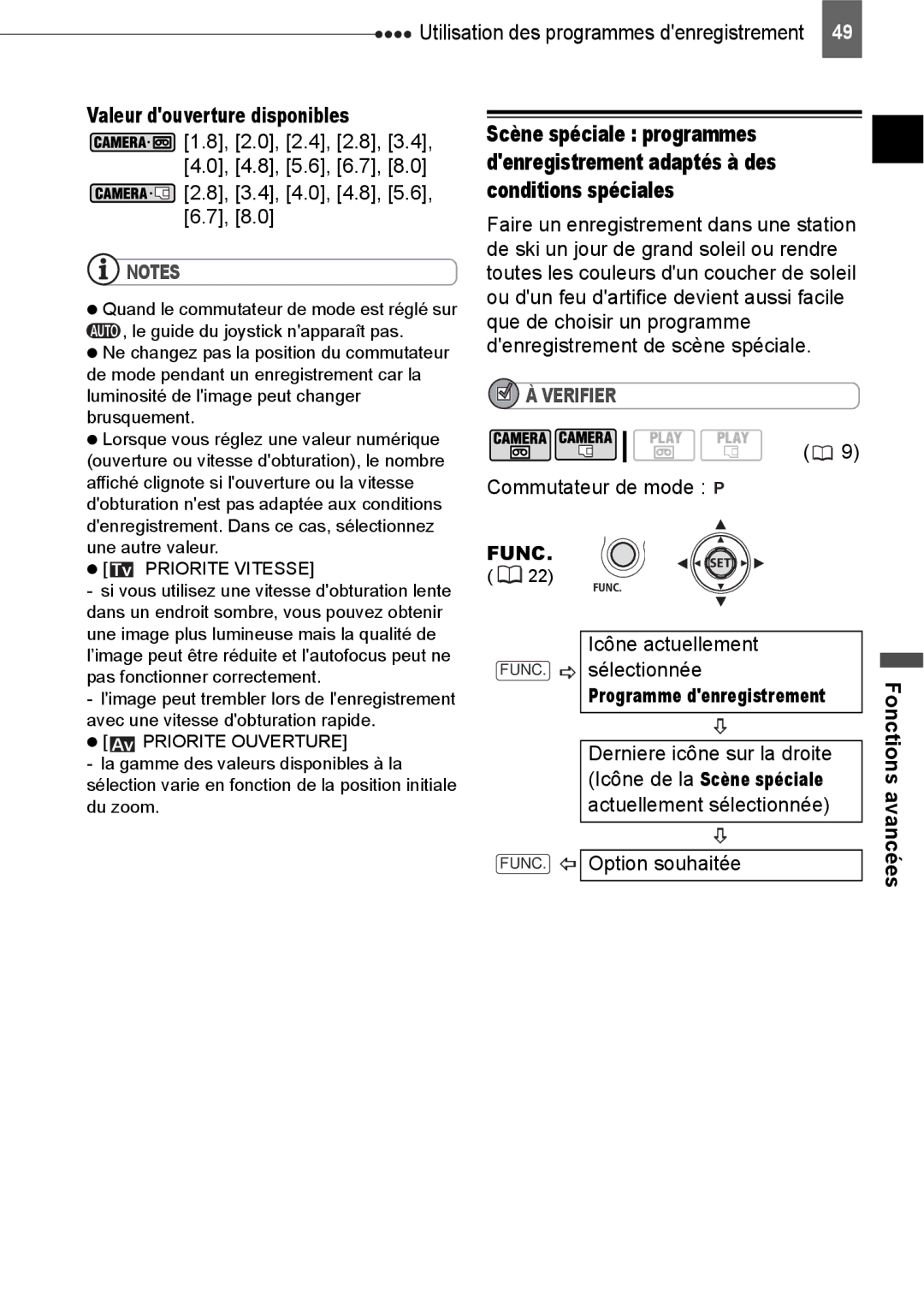 Canon HV40 manual Valeur douverture disponibles, Actuellement sélectionnée FUNC. Option souhaitée, Priorite Vitesse 