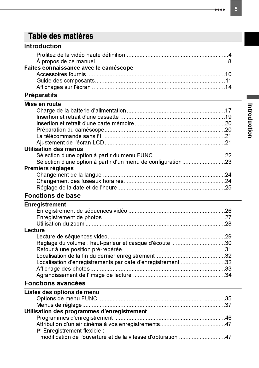 Canon HV40 manual Table des matières, Introduction, Préparatifs, Fonctions de base, Fonctions avancées 