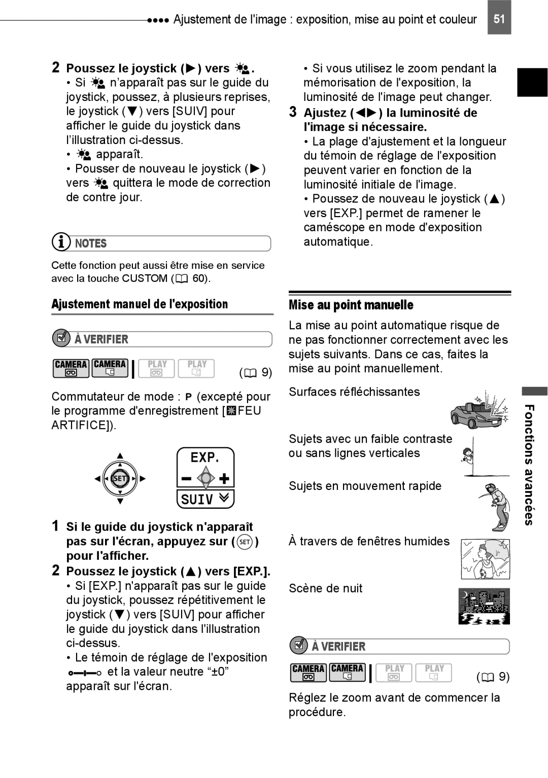 Canon HV40 manual Mise au point manuelle, Ajustement manuel de lexposition, Poussez le joystick vers EXP 