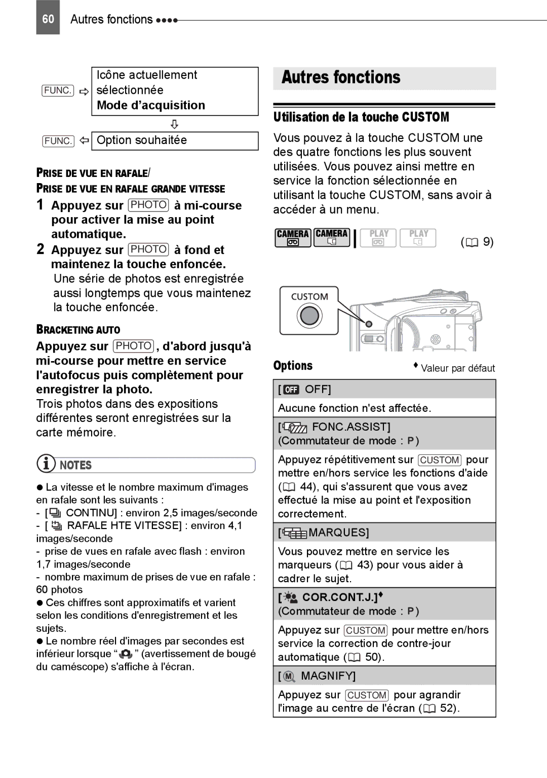 Canon HV40 Utilisation de la touche Custom, Autres fonctions Icône actuellement FUNC. sélectionnée, Mode d’acquisition 