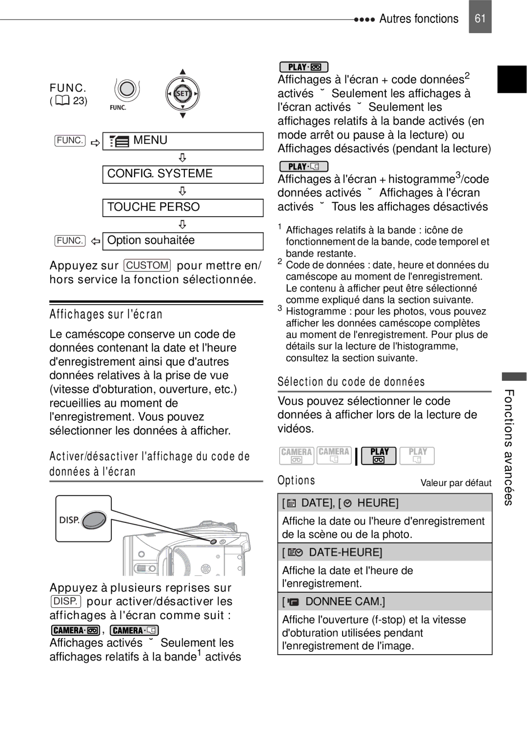 Canon HV40 manual Affichages sur lécran, Autres fonctions, CONFIG. Systeme Touche Perso, Sélection du code de données 