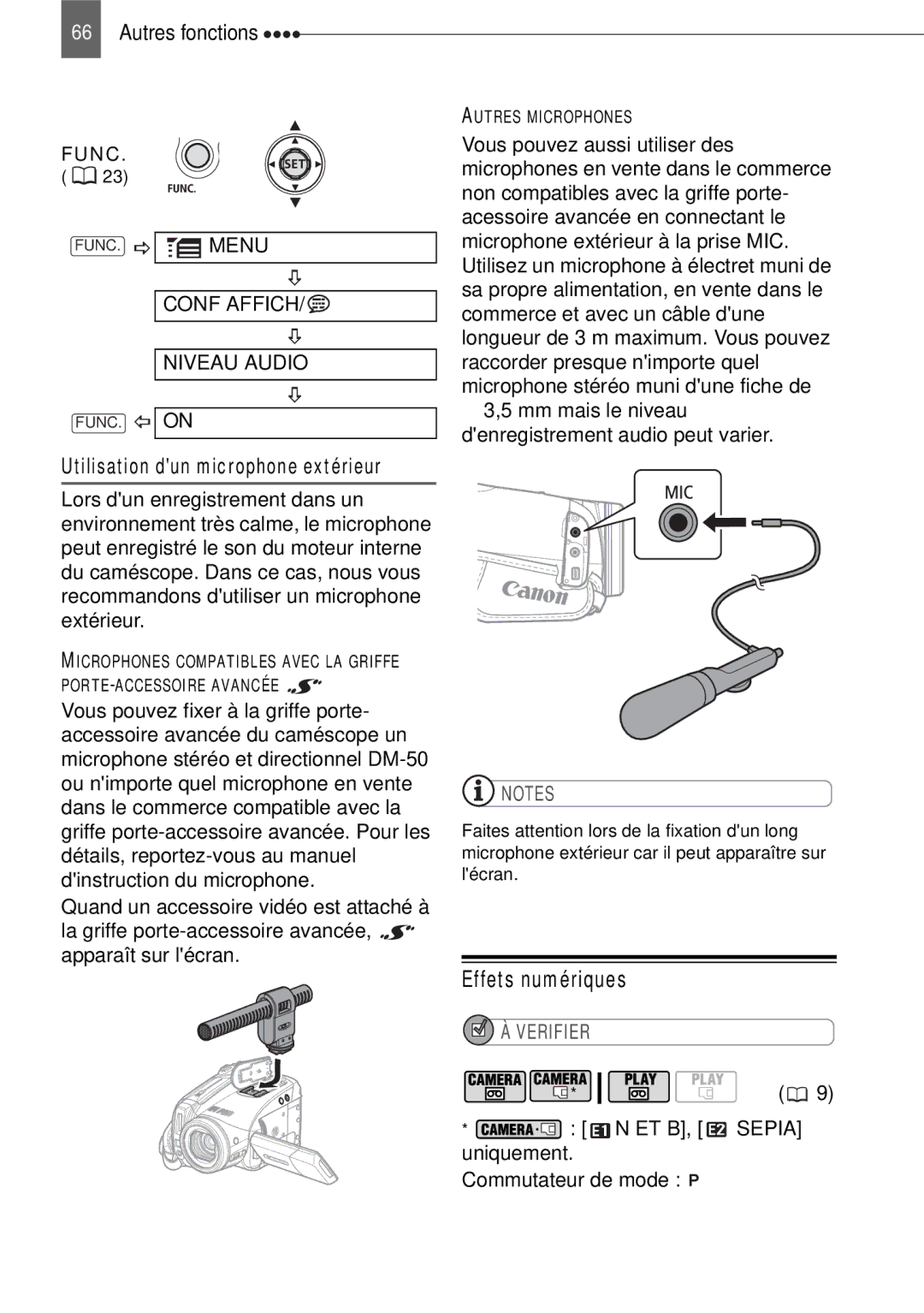 Canon HV40 manual Effets numériques, Conf Affich Niveau Audio, ET B, Sepia uniquement Commutateur de mode 