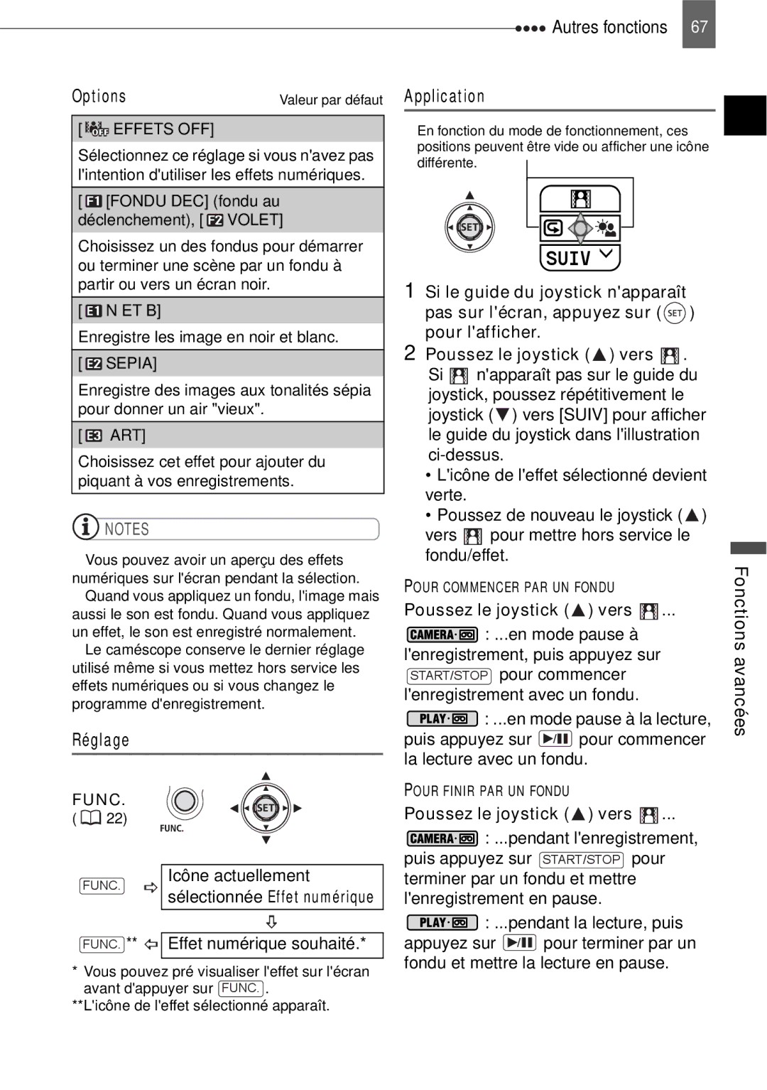 Canon HV40 manual Réglage, FUNC. ** Effet numérique souhaité, Application, Effets OFF 