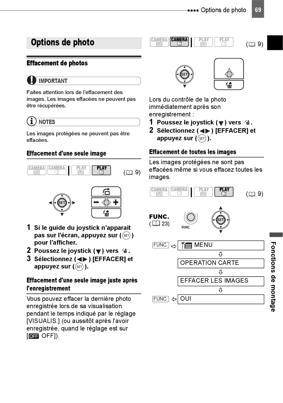 Canon HV40 manual Options de photo, Effacement de photos, Operation Carte, Effacer LES Images, De montage 