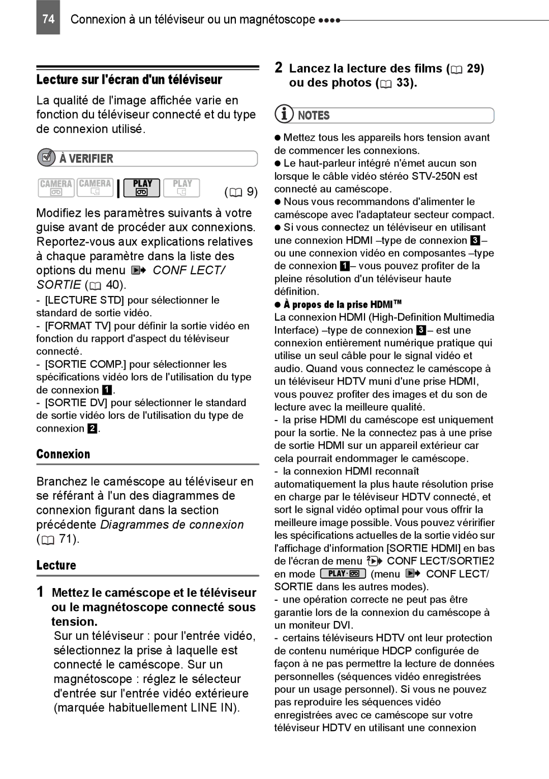 Canon HV40 manual Lecture sur lécran dun téléviseur, Connexion, Lancez la lecture des films 29 ou des photos 