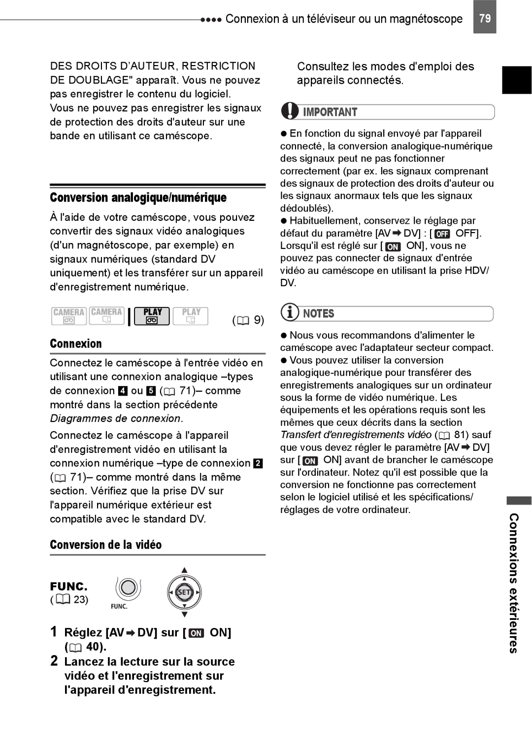 Canon HV40 manual Conversion analogique/numérique, Conversion de la vidéo, Réglez AV DV sur on 