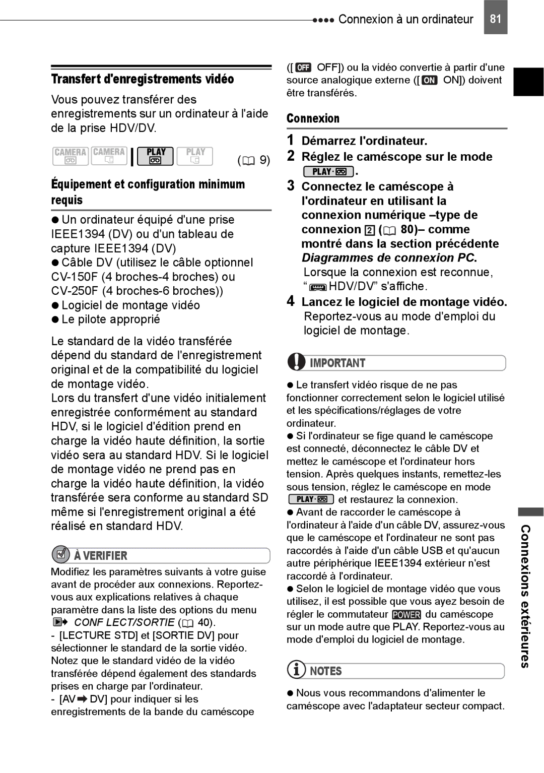 Canon HV40 manual Transfert denregistrements vidéo, Équipement et configuration minimum requis 