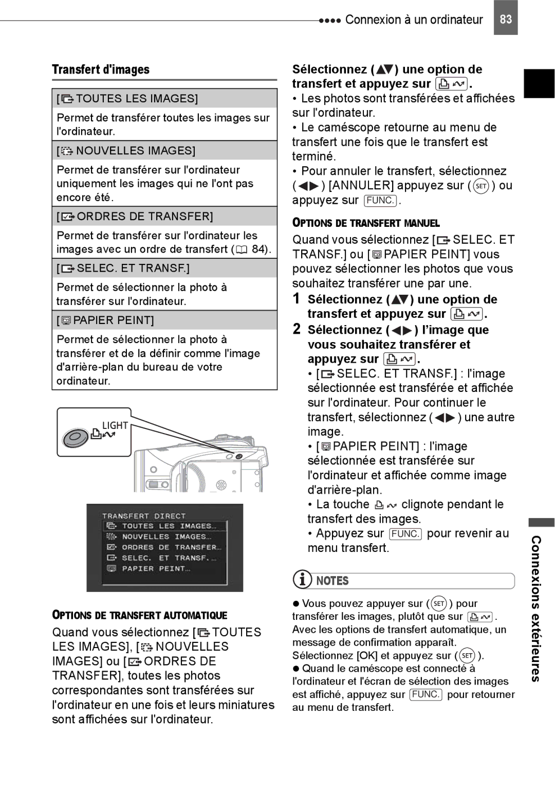 Canon HV40 manual Transfert dimages, Sélectionnez une option de Transfert et appuyez sur, Menu transfert 