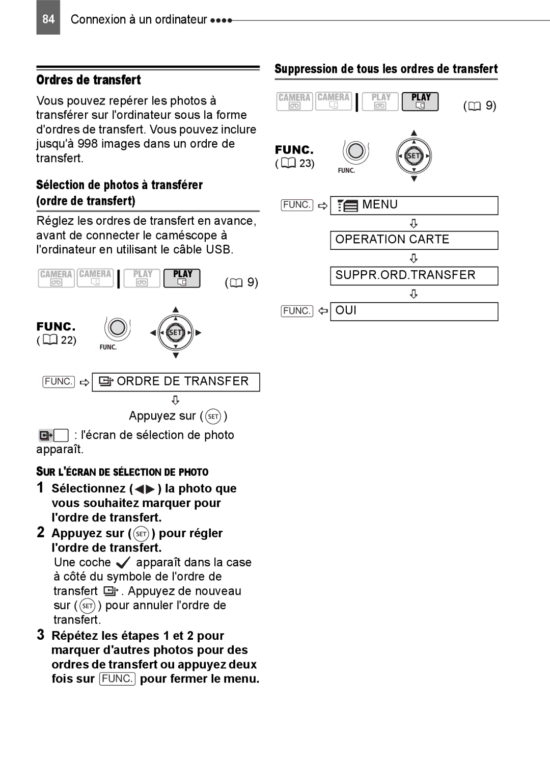 Canon HV40 manual Ordres de transfert, FUNC. Ordre DE Transfer, Appuyez sur Lécran de sélection de photo apparaît 