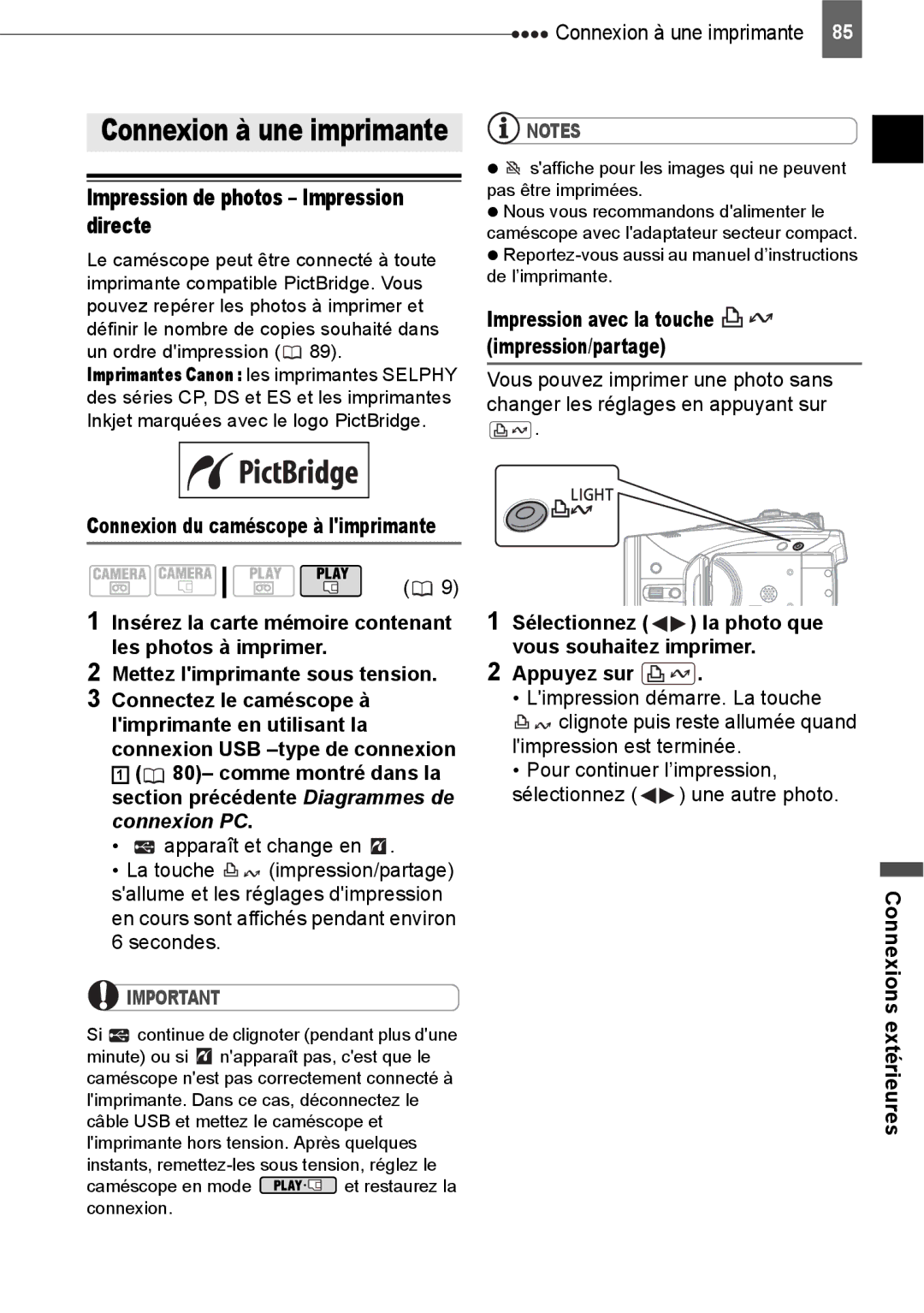 Canon HV40 manual Mettez limprimante sous tension, Apparaît et change en, Secondes, Connexion à une imprimante 