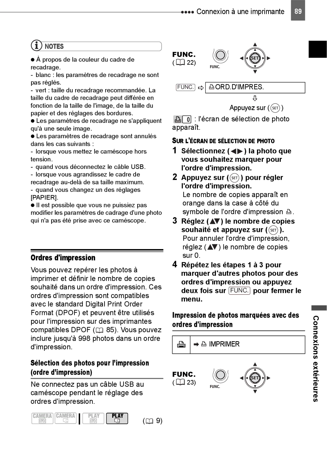 Canon HV40 Ordres dimpression, Func. Ord.Dimpres, Imprimer, Sélection des photos pour l’impression ordre d’impression 