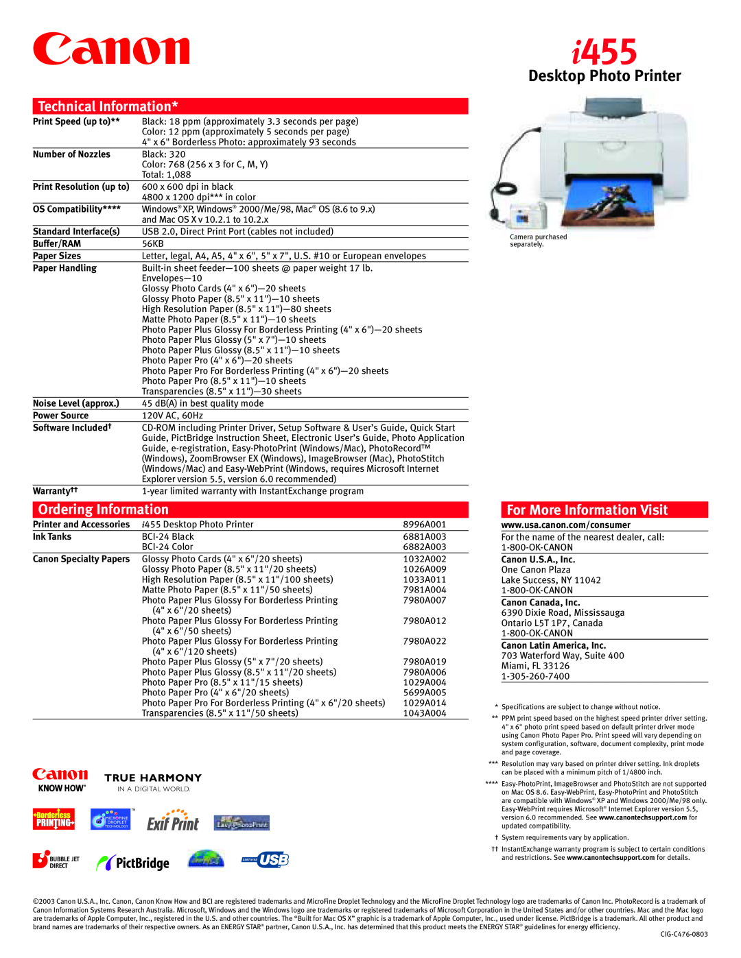 Canon I455 manual i455, Desktop Photo Printer, Technical Information, Ordering Information, For More Information Visit 