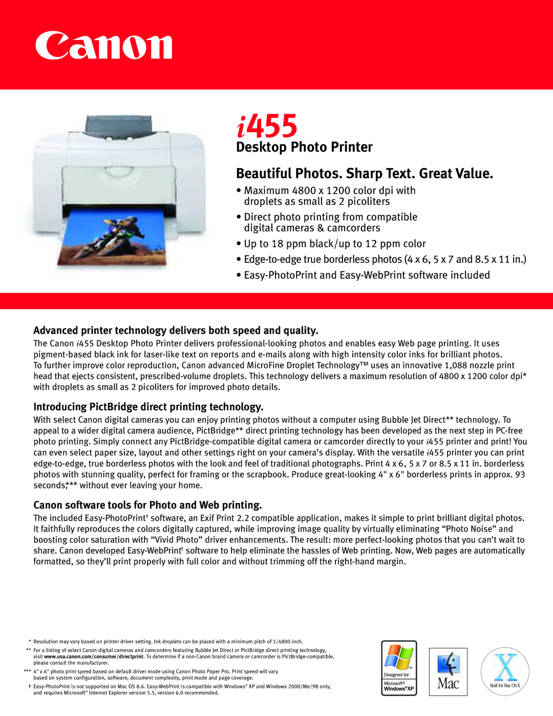 Canon I455 manual Advanced printer technology delivers both speed and quality 