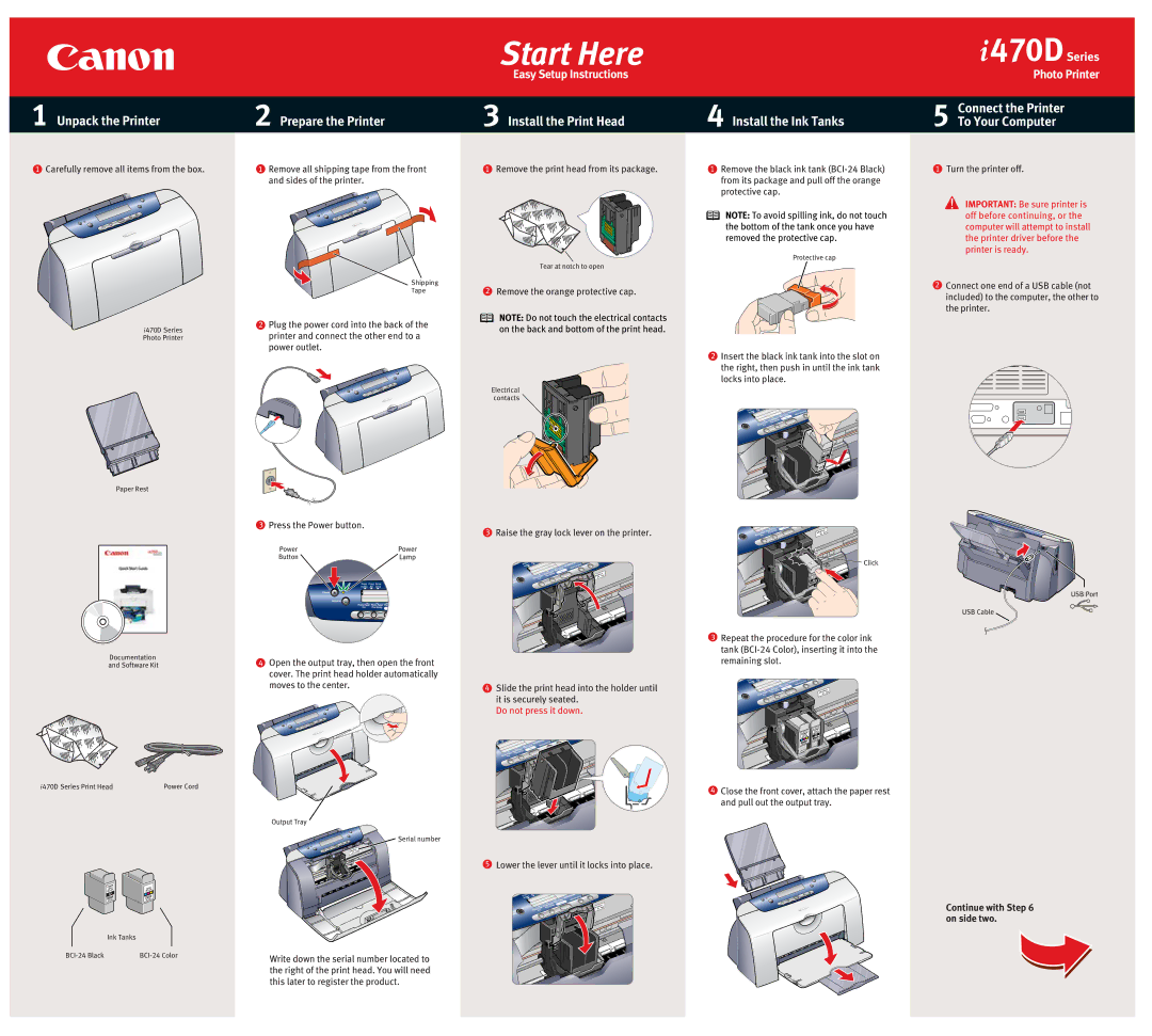 Canon i470D manual Unpack the Printer, Prepare the Printer, Install the Print Head, Install the Ink Tanks 