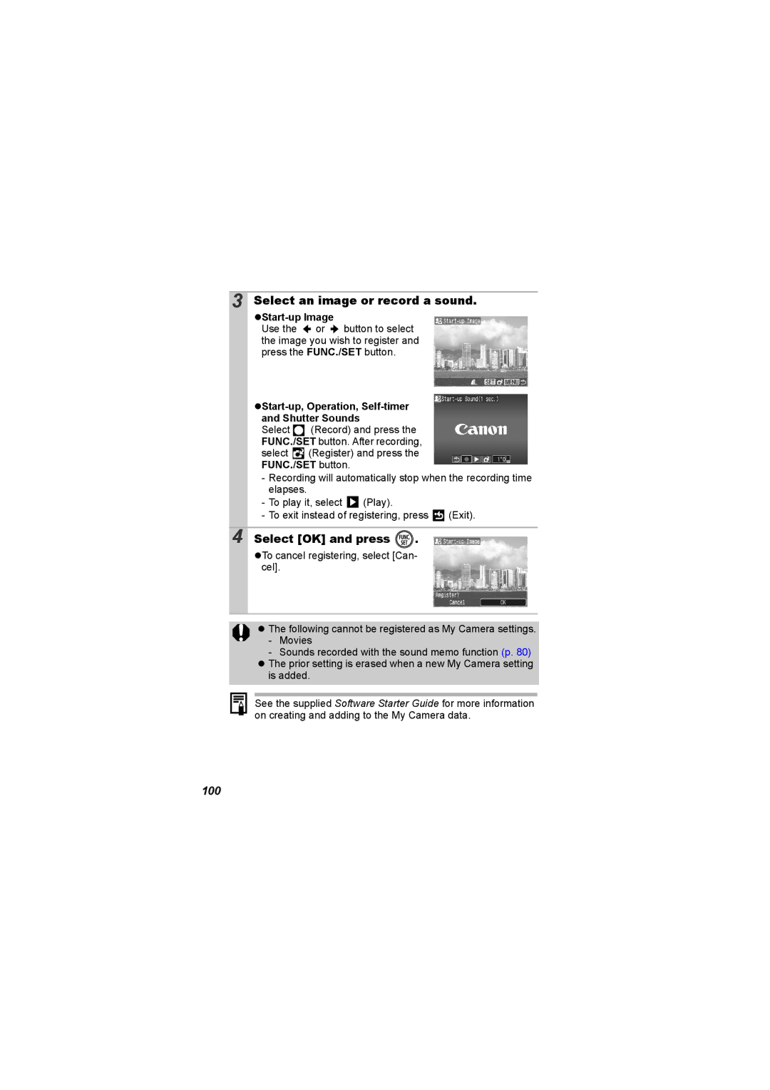 Canon I7 appendix Select an image or record a sound, 100, Start-up Image, Start-up, Operation, Self-timer Shutter Sounds 