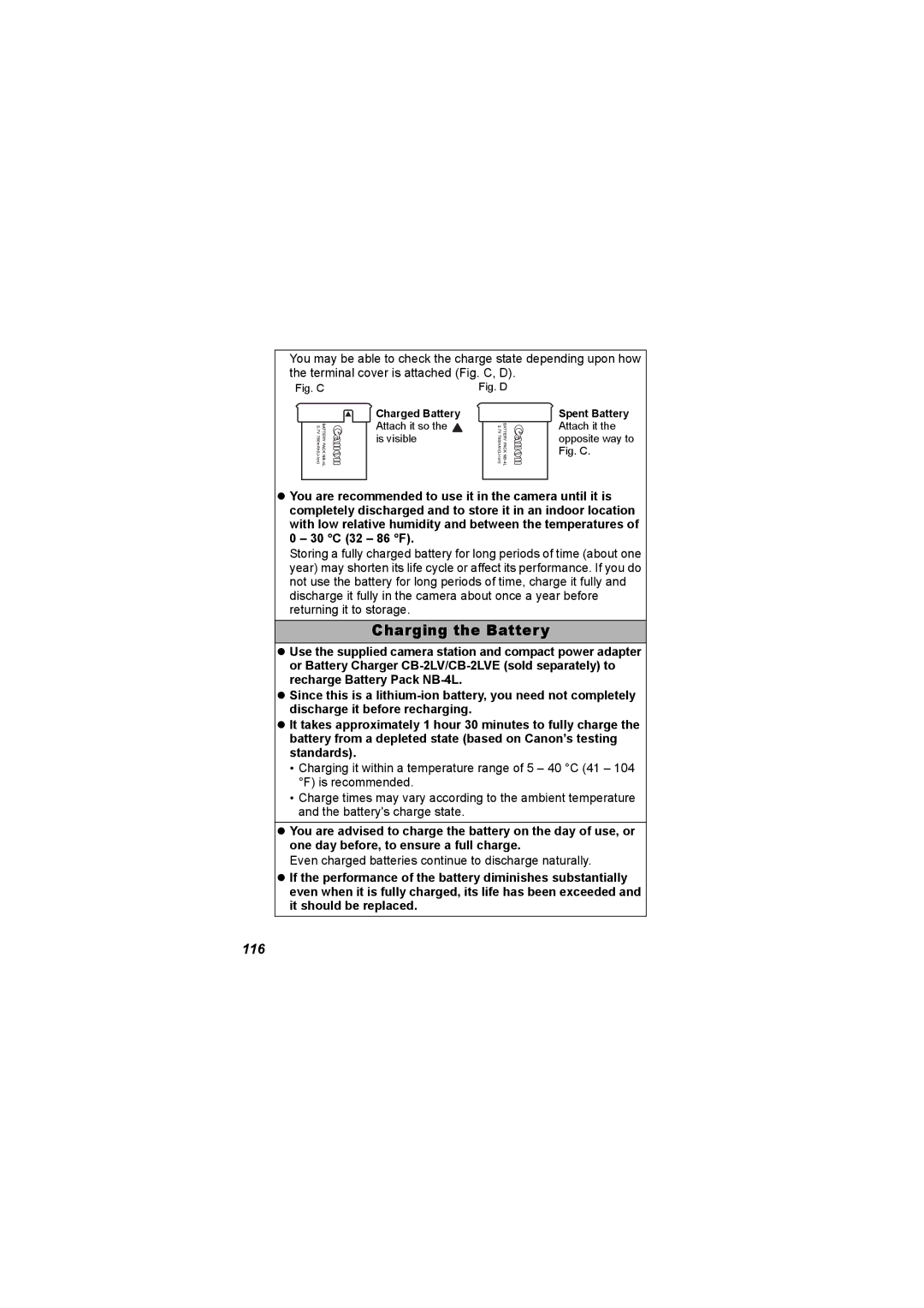 Canon I7 appendix Charging the Battery, 116 