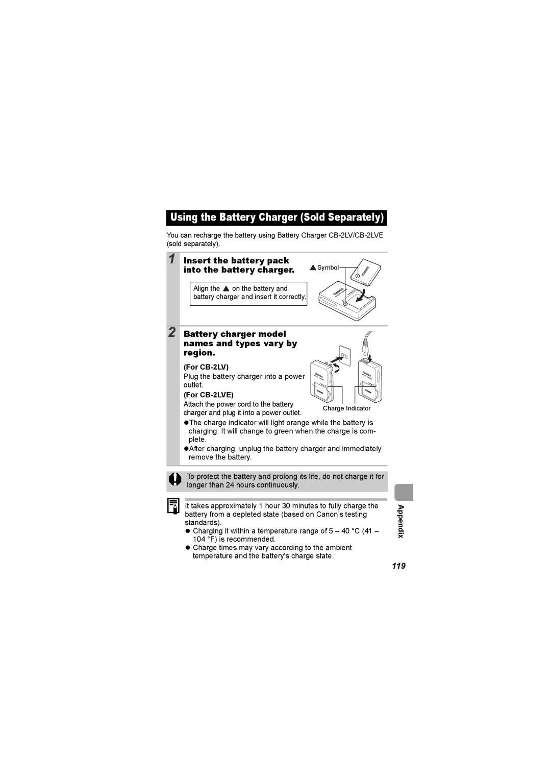 Canon I7 Insert the battery pack, Into the battery charger, Battery charger model names and types vary by region, 119 