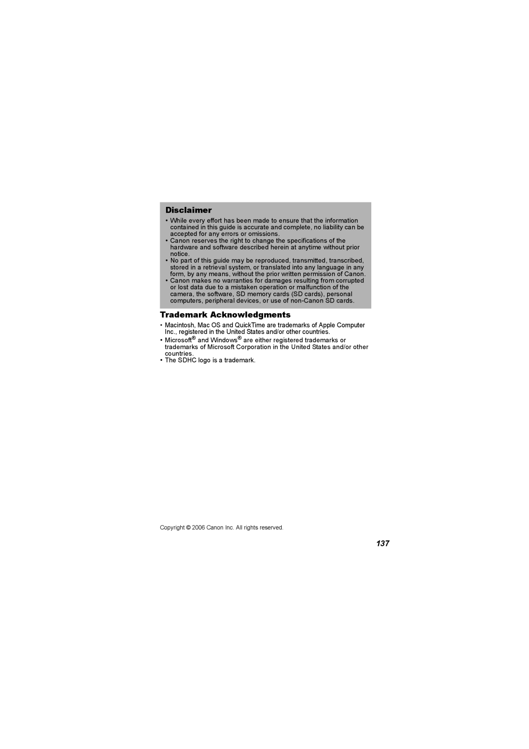 Canon I7 appendix Disclaimer, Trademark Acknowledgments, 137 