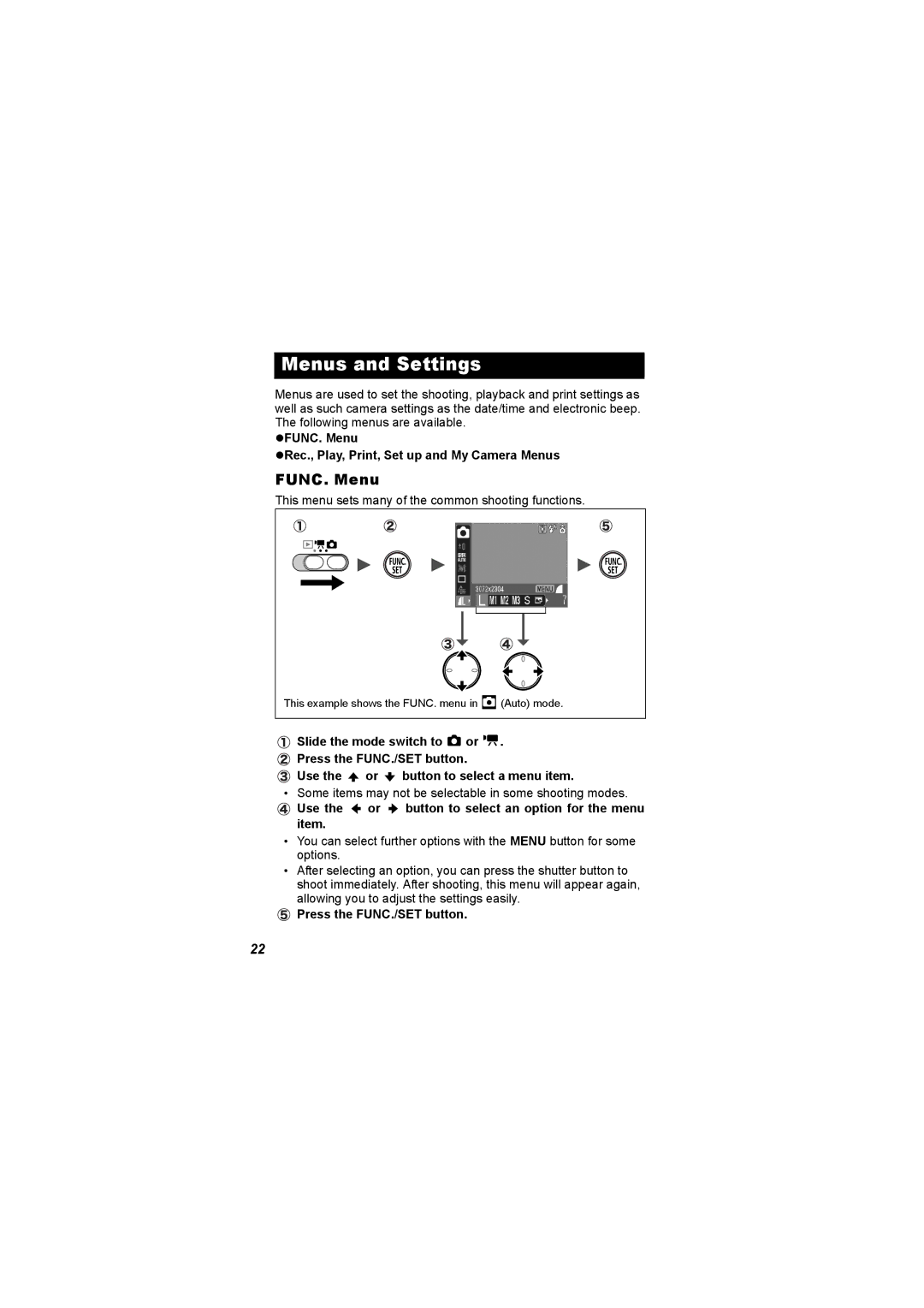 Canon I7 appendix Menus and Settings, FUNC. Menu Rec., Play, Print, Set up and My Camera Menus 