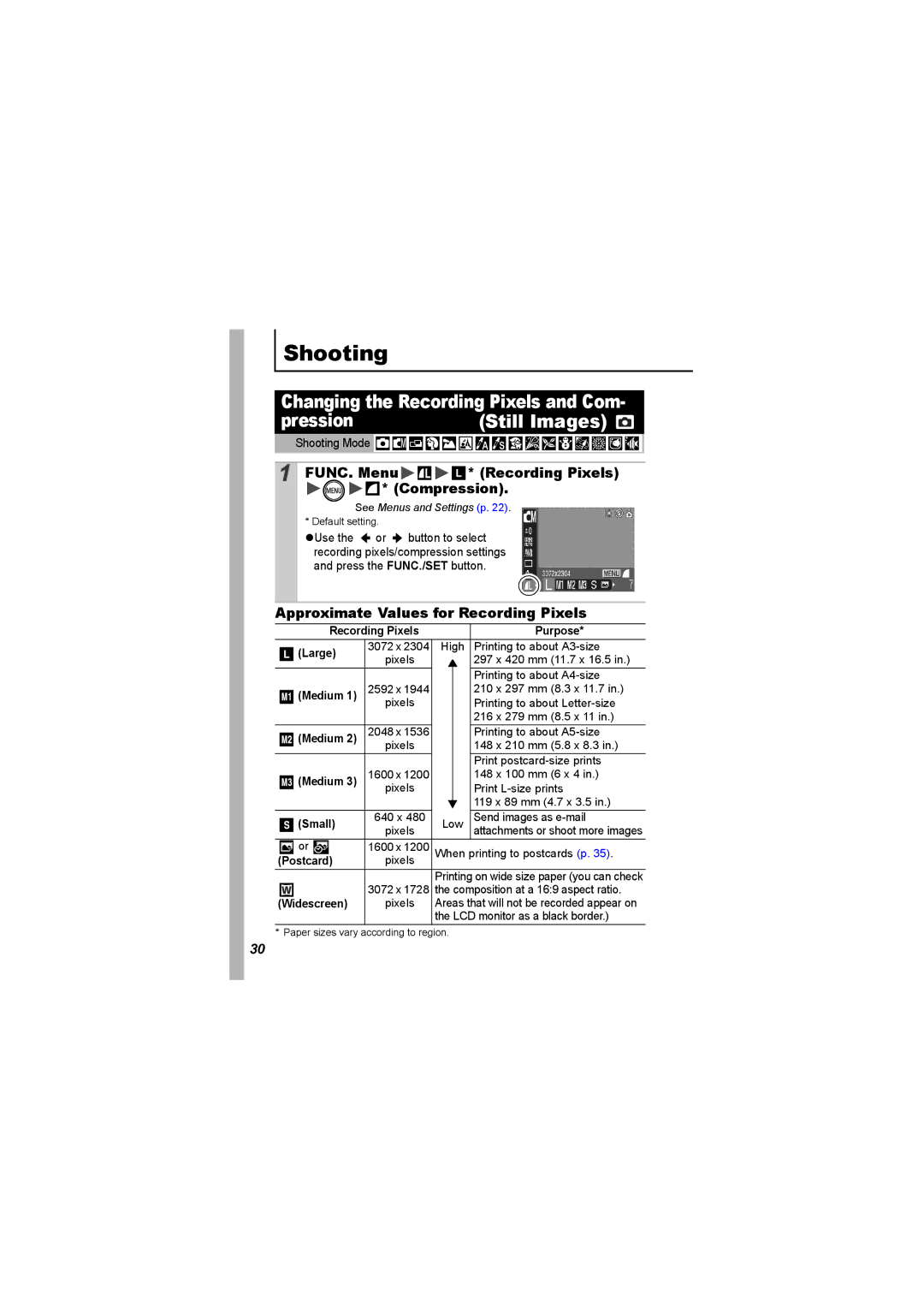 Canon I7 appendix Pression, FUNC. Menu, Compression, Approximate Values for Recording Pixels 