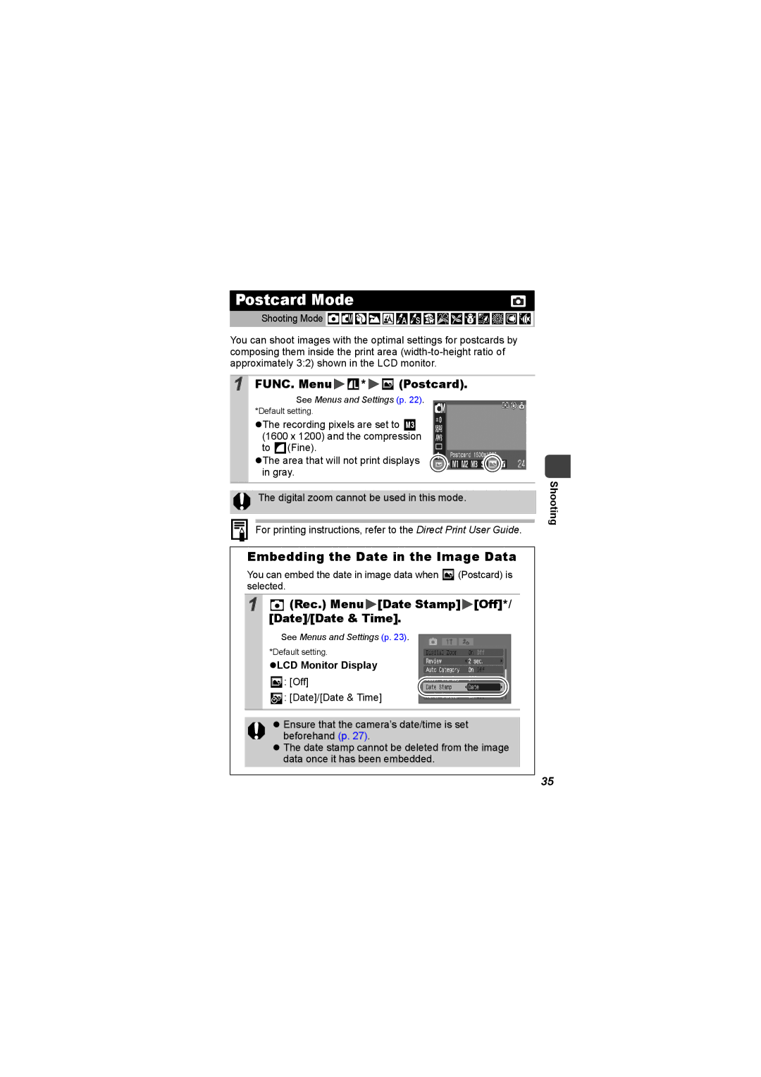 Canon I7 appendix Postcard Mode, Embedding the Date in the Image Data, FUNC. Menu Postcard, LCD Monitor Display 