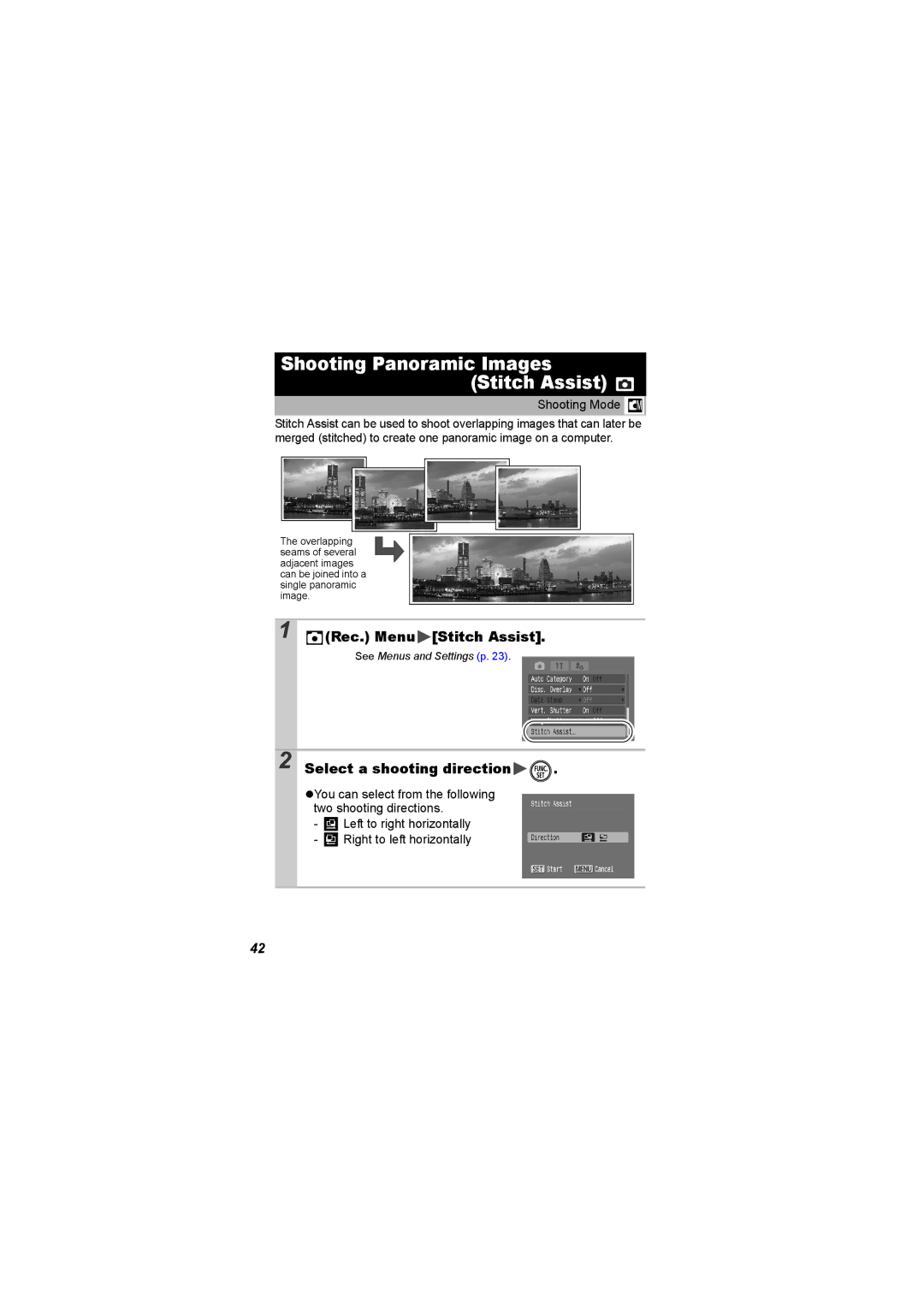 Canon I7 Rec. Menu Stitch Assist, Select a shooting direction, You can select from the following two shooting directions 