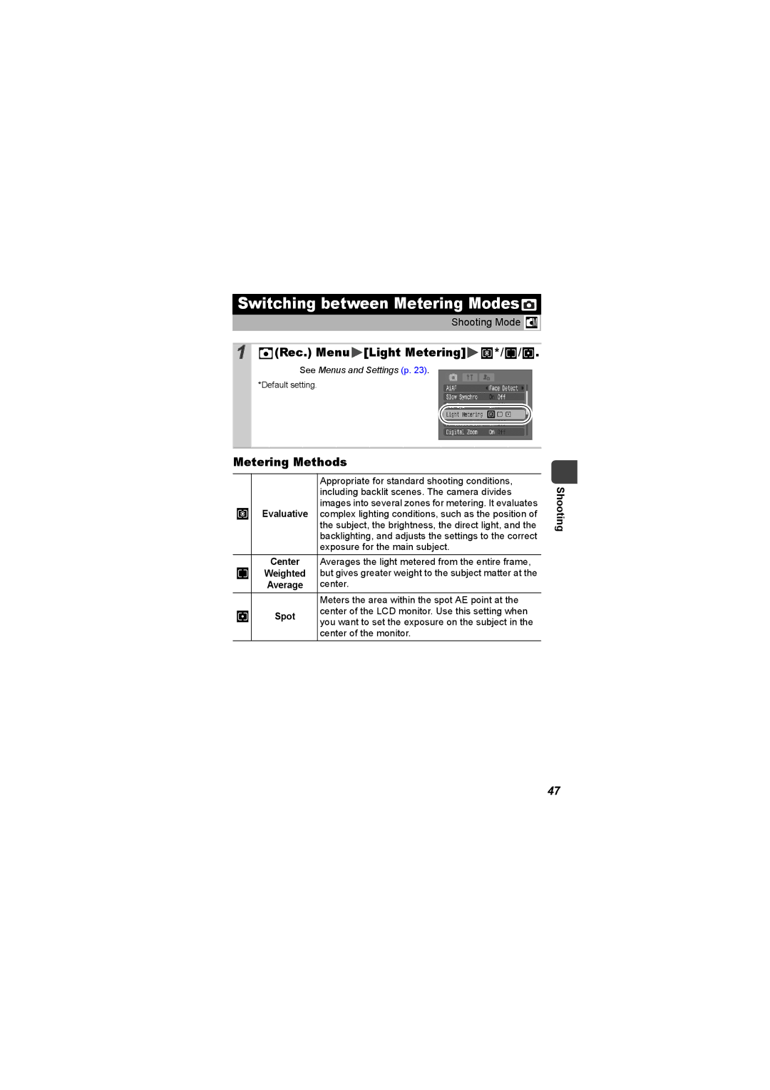 Canon I7 appendix Switching between Metering Modes, Rec. Menu Light Metering, Metering Methods 