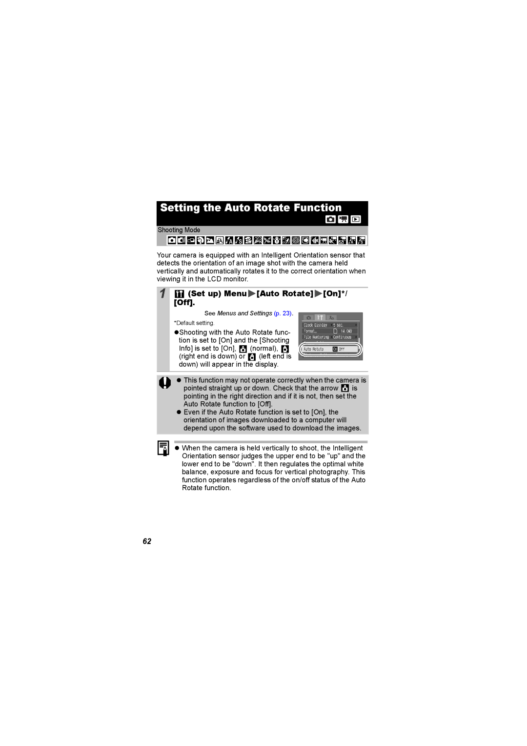 Canon I7 appendix Setting the Auto Rotate Function, Set up Menu Auto Rotate On, Off 