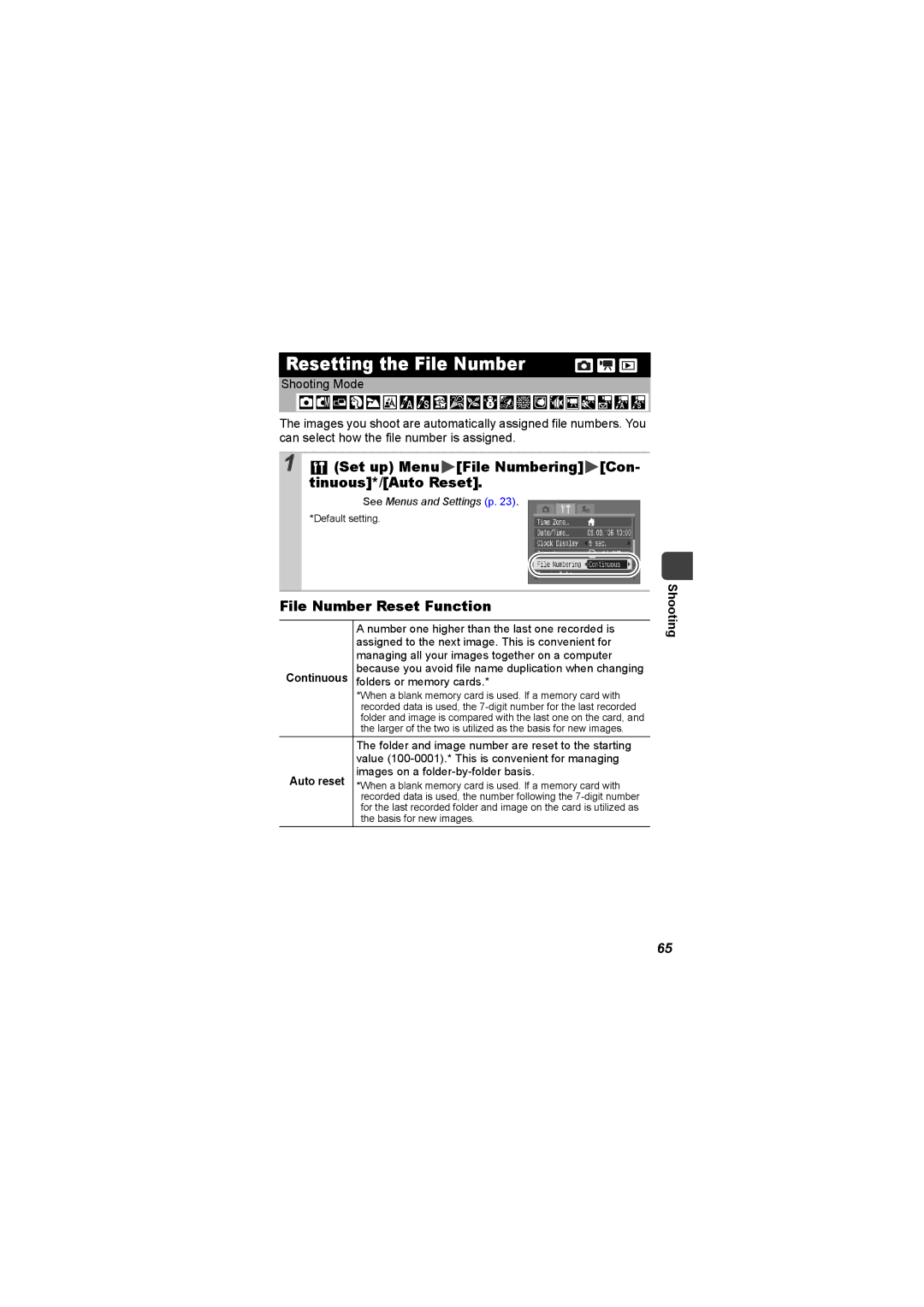 Canon I7 Resetting the File Number, Set up Menu File Numbering Con- tinuous*/Auto Reset, File Number Reset Function 