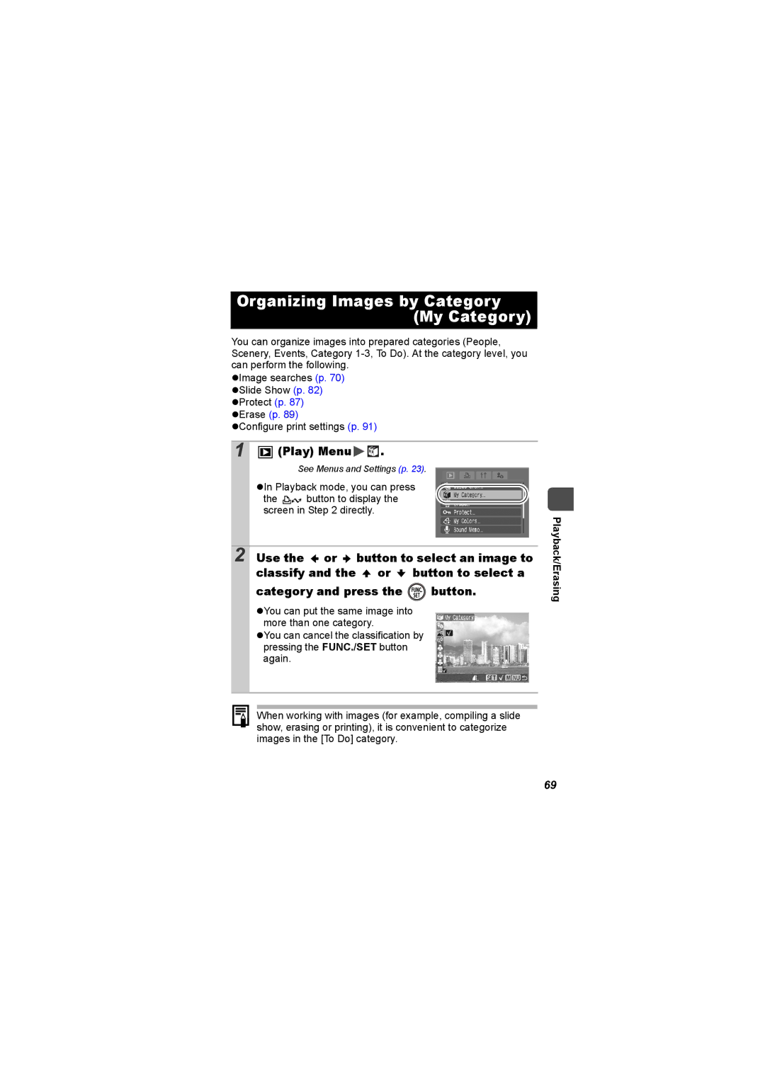 Canon I7 appendix Organizing Images by Category My Category, Play Menu 