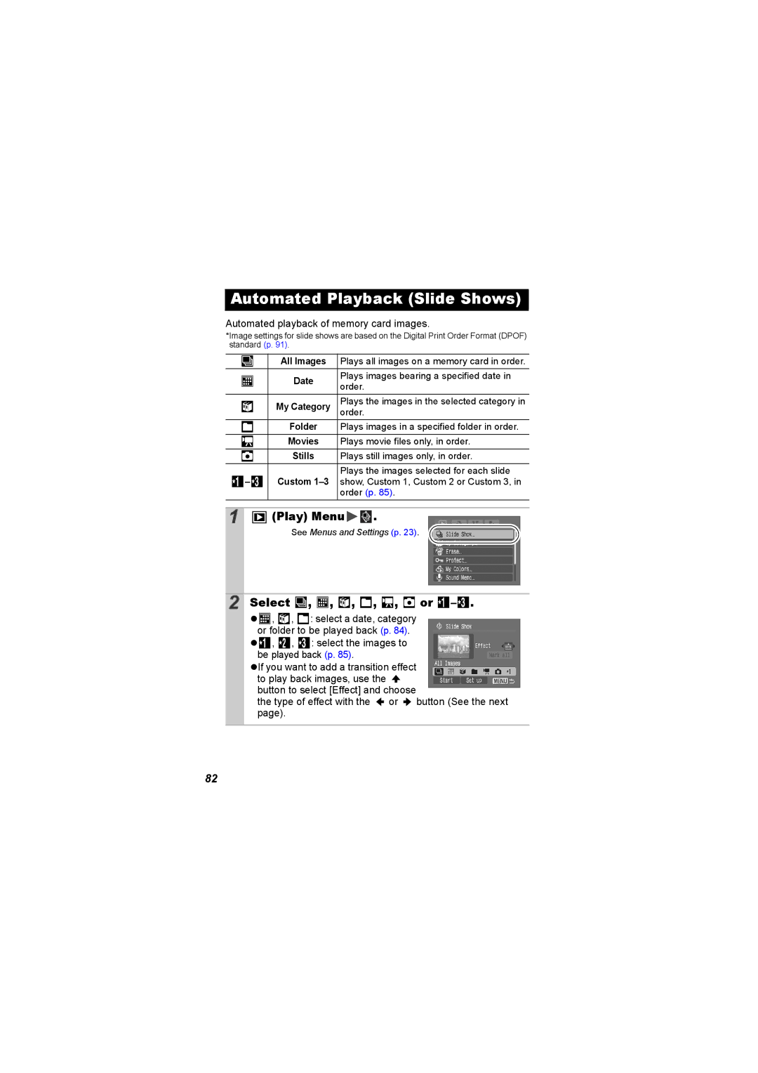 Canon I7 appendix Automated Playback Slide Shows, Select , , , , , or, All Images 