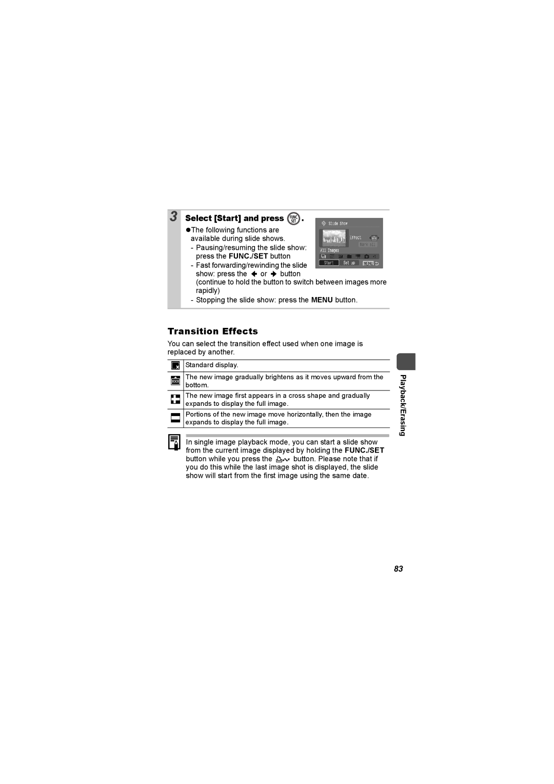 Canon I7 appendix Transition Effects, Select Start and press 