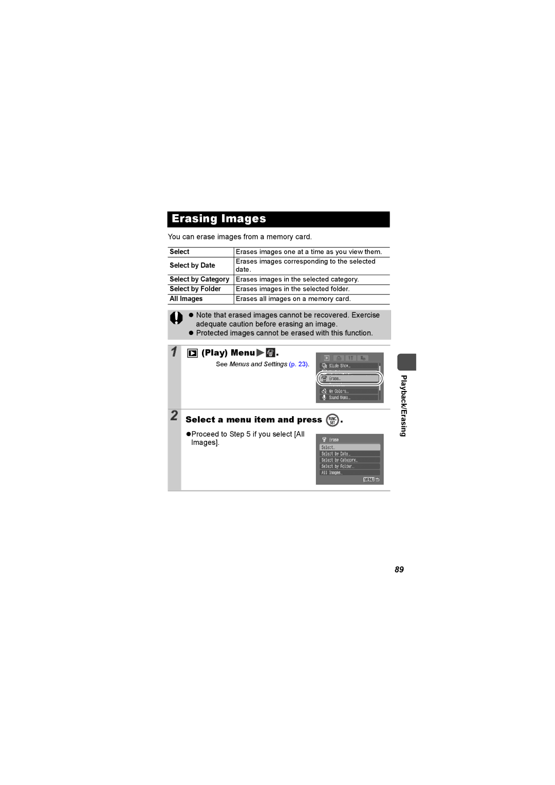 Canon I7 appendix Erasing Images 