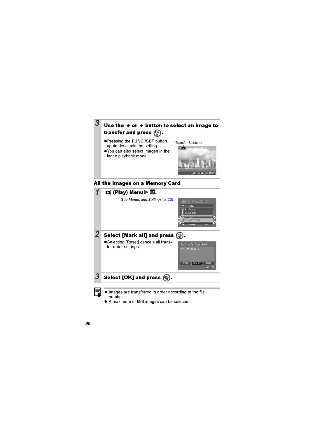 Canon I7 appendix Use the or button to select an image to Transfer and press, All the Images on a Memory Card Play Menu 