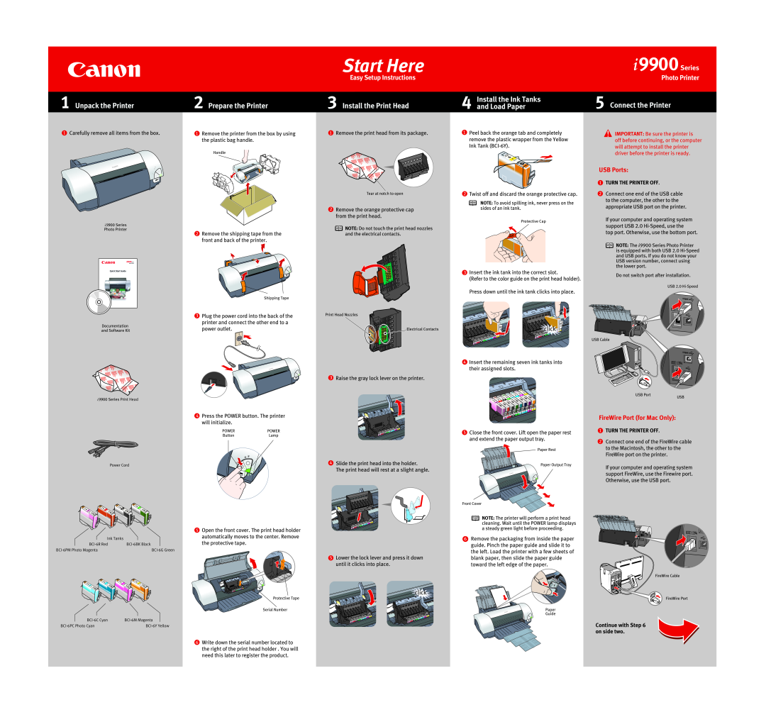 Canon I9900 manual Unpack the Printer, Prepare the Printer, Install the Print Head, Install the Ink Tanks, and Load Paper 