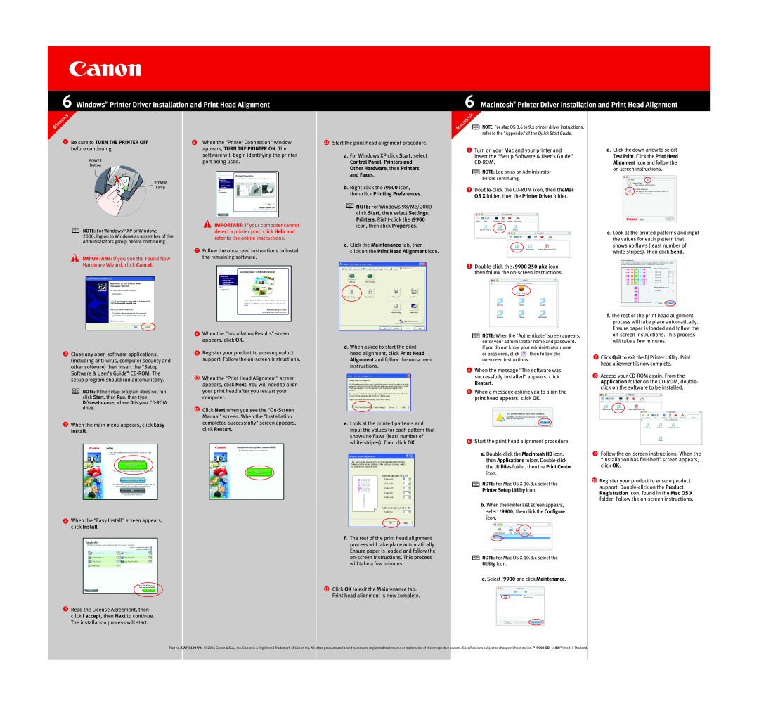 Canon I9900 manual Windows Printer Driver Installation and Print Head Alignment, click Restart, Printer Setup Utility icon 