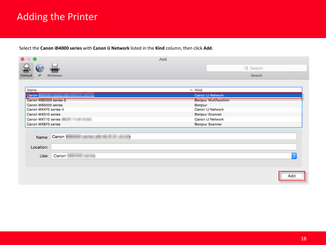 Canon iB4020, MAIFY manual Adding the Printer 