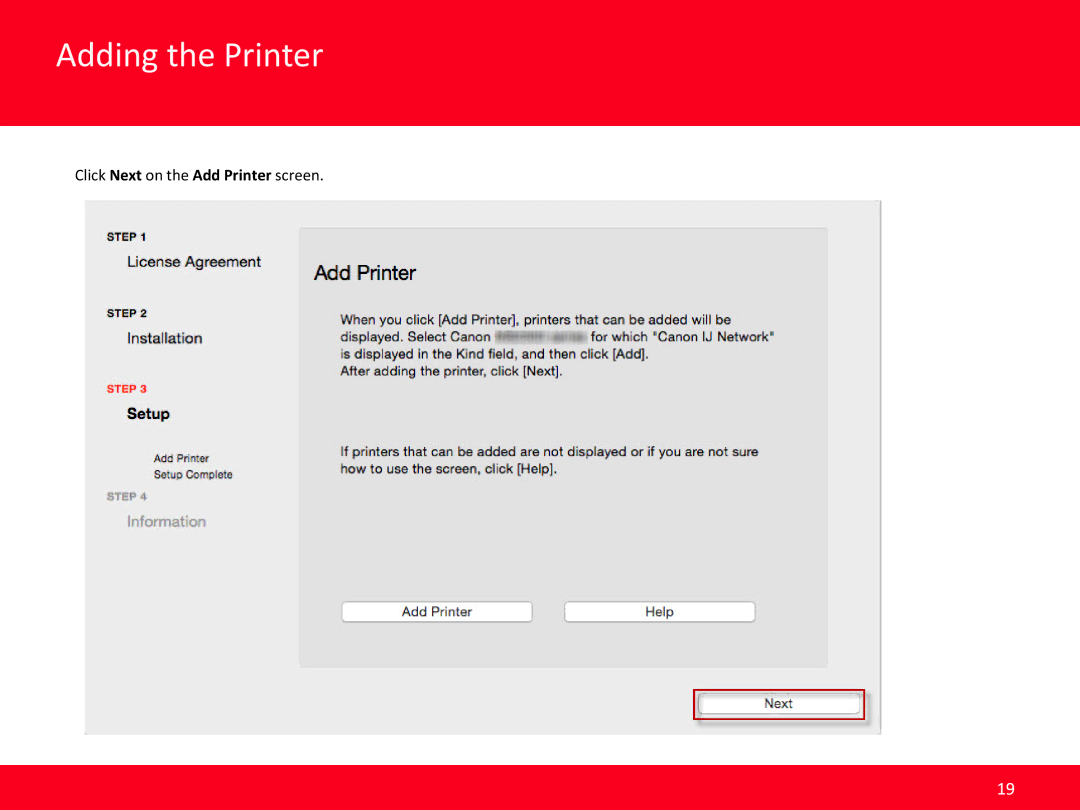 Canon MAIFY, iB4020 manual Click Next on the Add Printer screen 