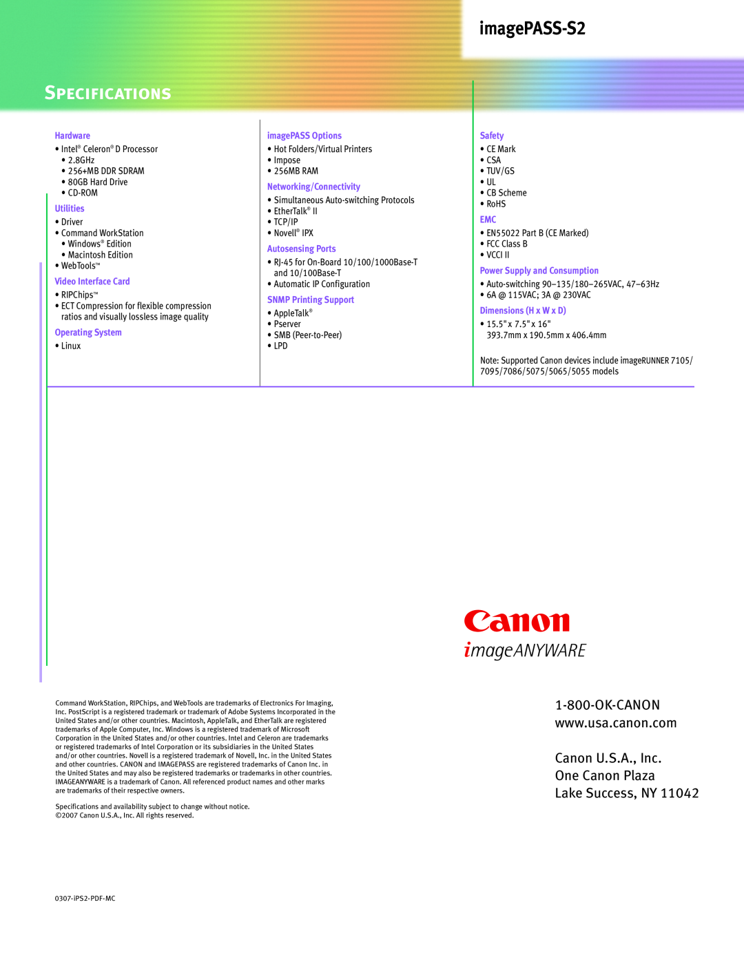 Canon IMAGEPASS-S2 manual Specifications, Canon U.S.A., Inc One Canon Plaza Lake Success, NY, imagePASS-S2 