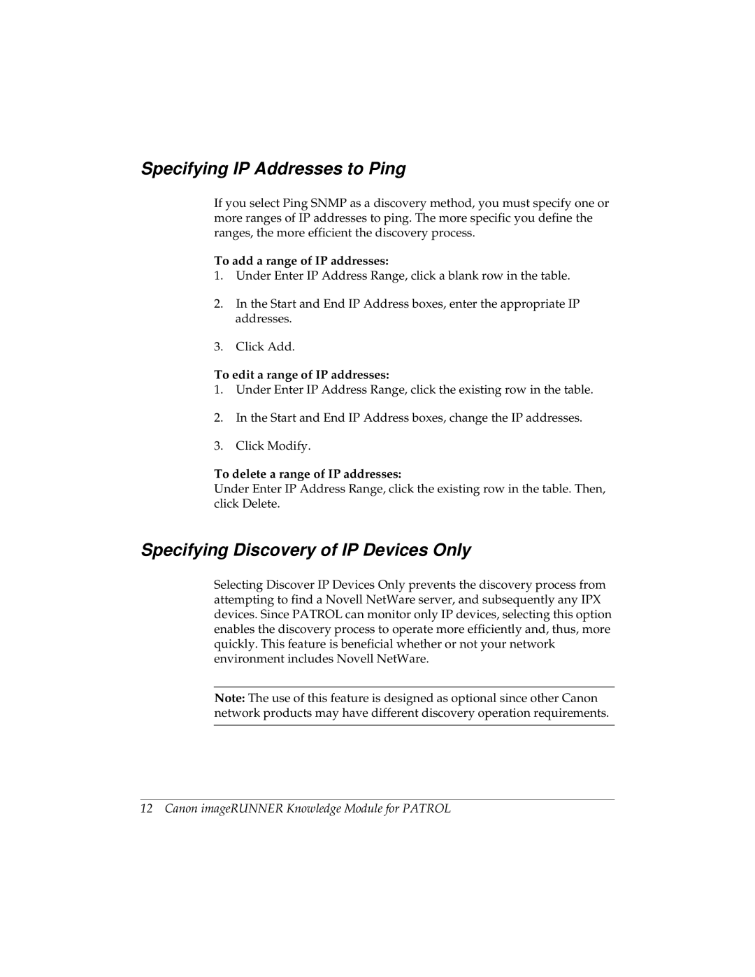 Canon imageRUNNER Specifying IP Addresses to Ping, Specifying Discovery of IP Devices Only, To add a range of IP addresses 