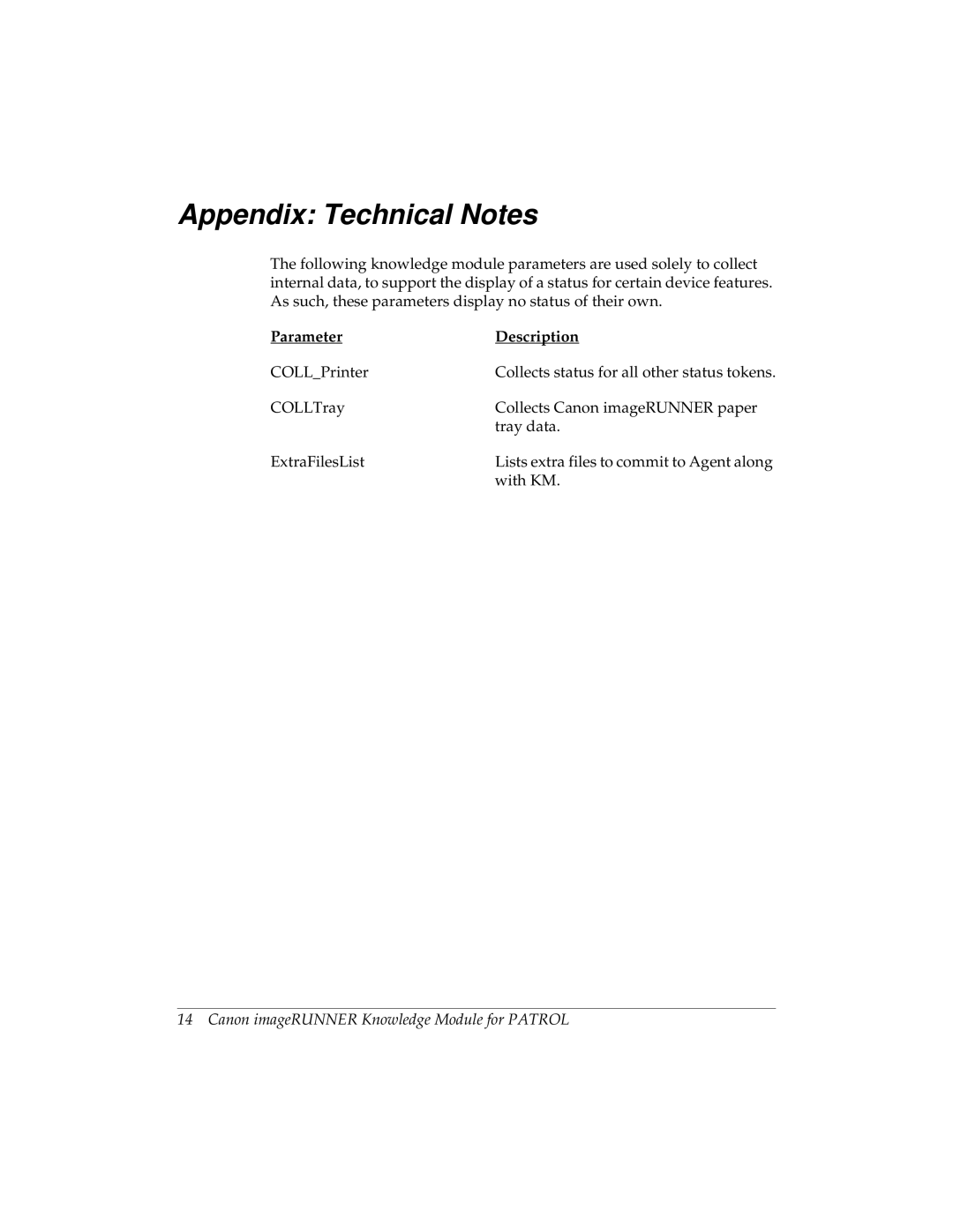 Canon imageRUNNER manual Appendix Technical Notes, Parameter Description 