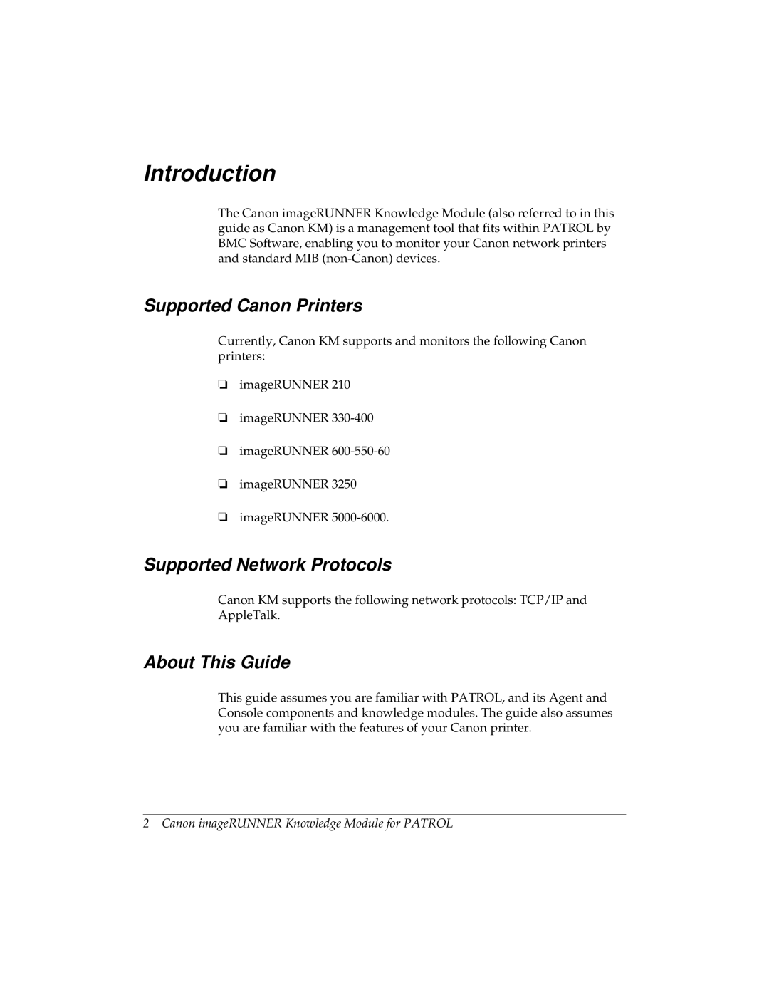 Canon imageRUNNER manual Introduction, Supported Canon Printers, Supported Network Protocols, About This Guide 