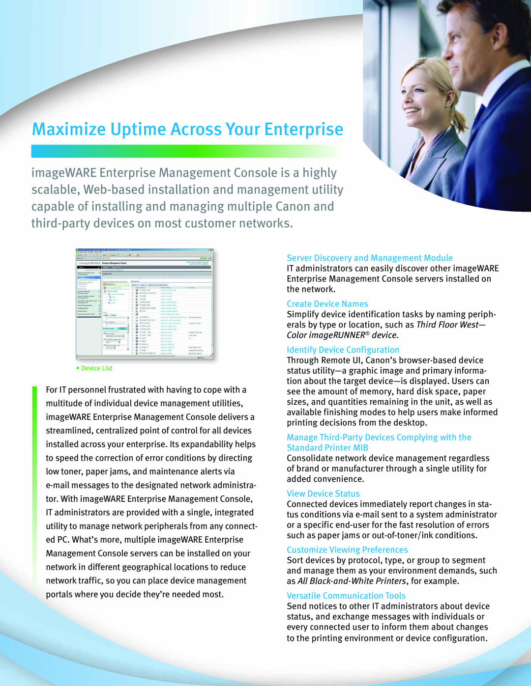 Canon ImageWare manual Maximize Uptime Across Your Enterprise, Server Discovery and Management Module, Create Device Names 