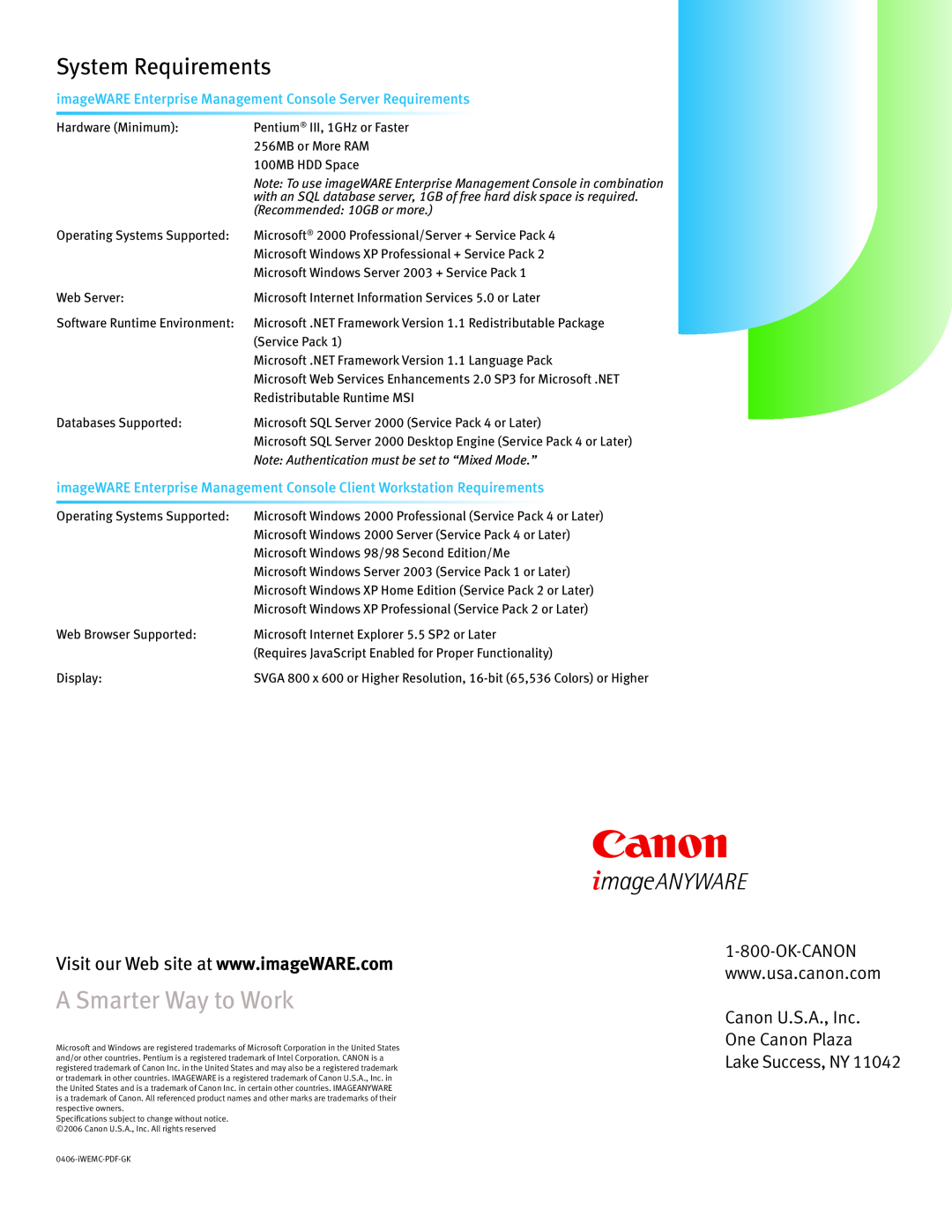 Canon ImageWare manual A Smarter Way to Work, System Requirements, Canon U.S.A., Inc One Canon Plaza Lake Success, NY 