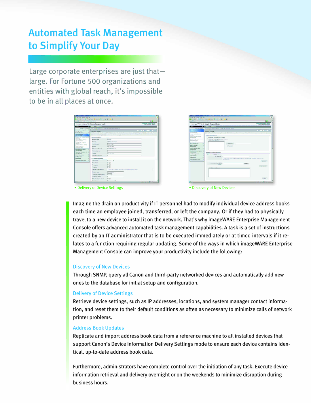 Canon ImageWare manual Discovery of New Devices, Delivery of Device Settings, Address Book Updates 