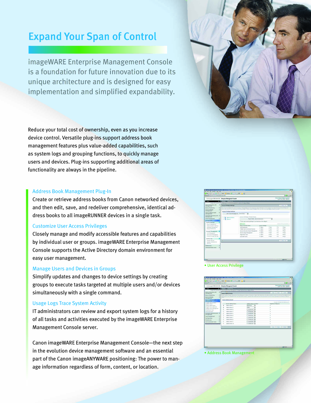 Canon ImageWare manual Expand Your Span of Control, Address Book Management Plug-In, Customize User Access Privileges 