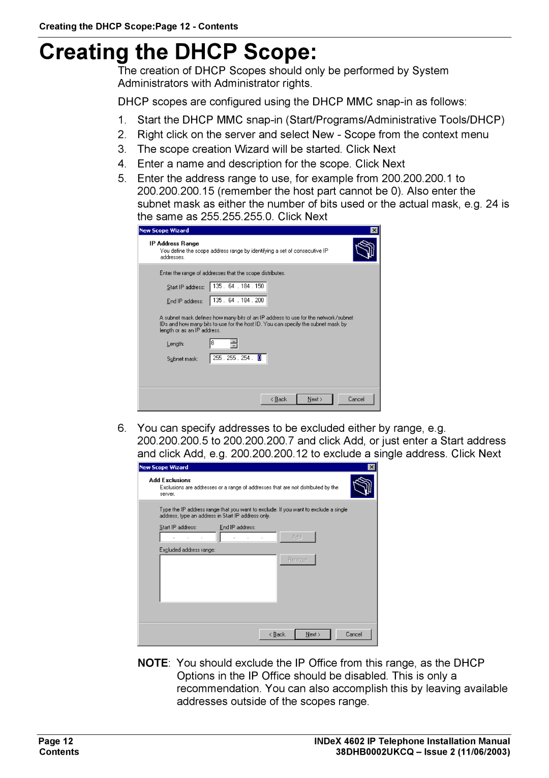 Canon INDEX 4602 installation manual Creating the Dhcp Scope 