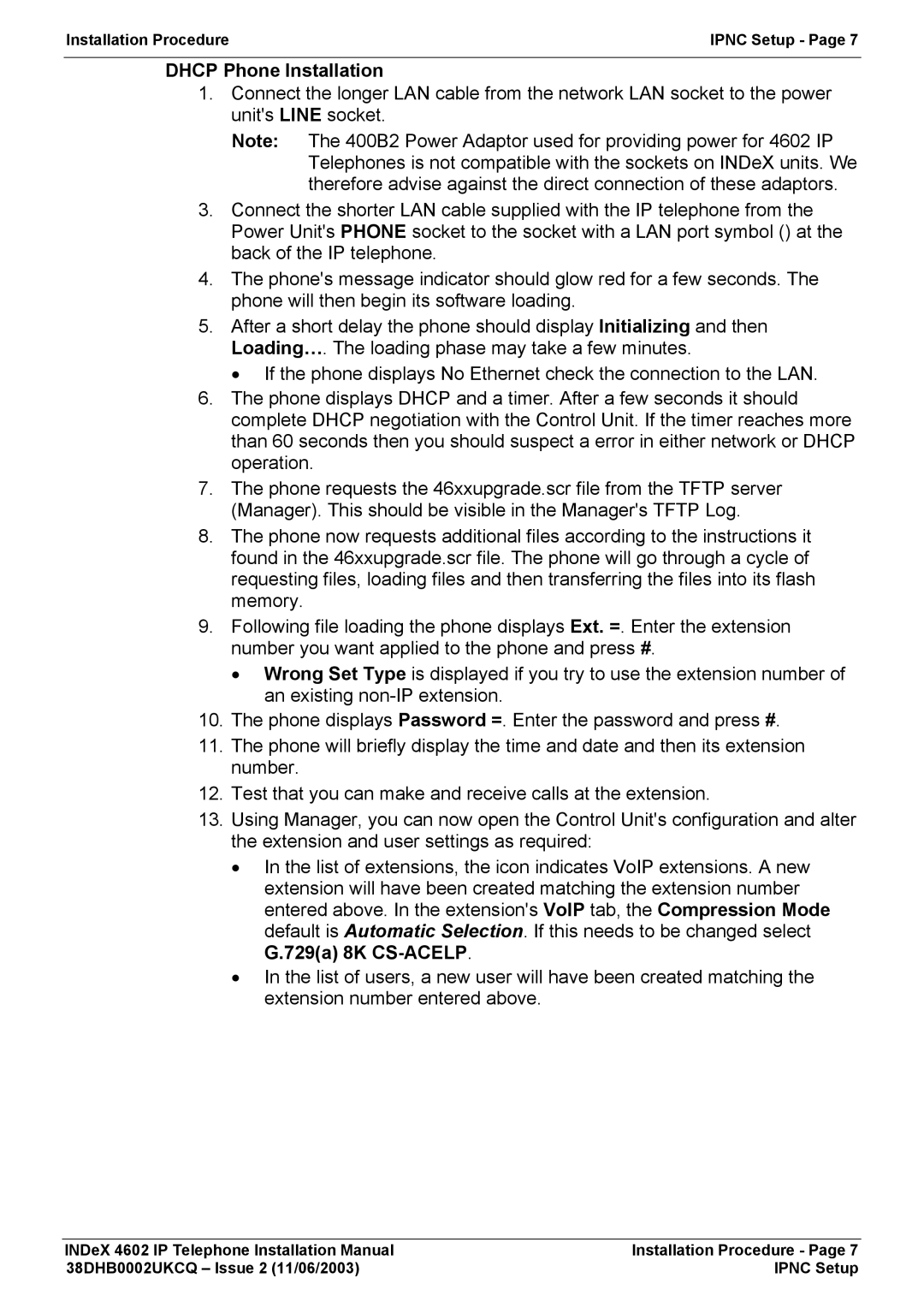 Canon INDEX 4602 installation manual Dhcp Phone Installation 